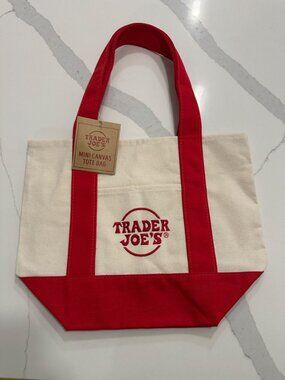 NWT Trader Joe's Mini Canvas Tote Red Handle NEW